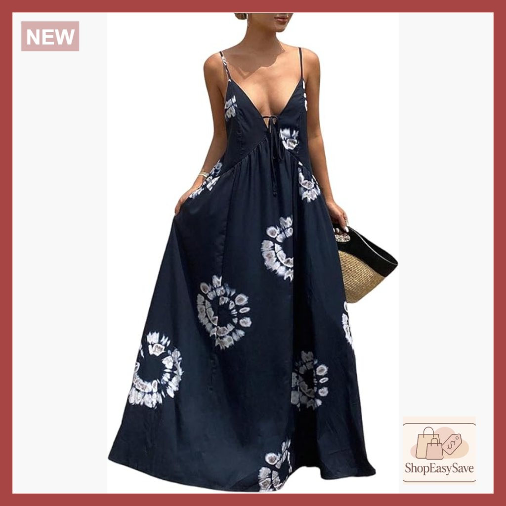 Boho Floral Maxi Dress Backless Tie Front Deep V Neck Sleeveless A Line